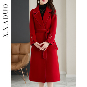 2022秋冬新款双面绒大衣女红中长款系带呢子外套通勤羊毛高端纯色