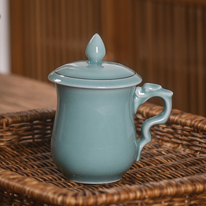 青瓷弟窑茶杯会议杯茶具高档礼品茶杯家用水杯带盖龙把陶瓷杯定制