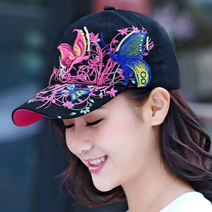 【不好包退】夏季女人鸭舌帽蝴蝶花朵刺绣棒球帽棉质透气遮阳帽子