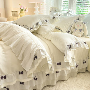 韩版ins公主风床单四件套四季通用水洗棉刺绣被套全包围床笠床罩4