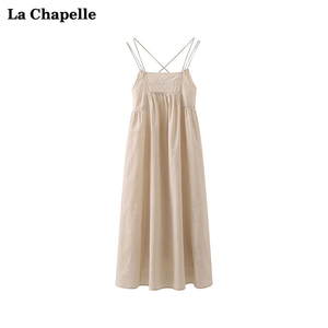 拉夏贝尔/La Chapelle蕾丝拼接吊带连衣裙女复古高腰刺绣无袖长裙