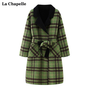 拉夏贝尔/La Chapelle冬季两面穿绿格子大衣女中长款宽松毛呢外套