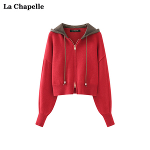 拉夏贝尔/La Chapelle拼皮连帽红色宽松双拉链针织开衫外套女春季