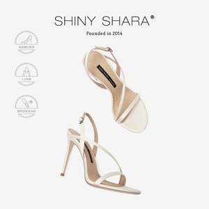 Shiny Shara/诗莎夏季新款细跟高跟绑带一字带白色通勤高跟凉鞋女