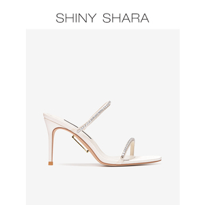 Shiny Shara/诗莎夏季新款白色丝绸锆石细跟外穿时装高跟凉拖鞋女