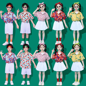 六一港风儿童演出服幼儿园复古花衬衫合唱服男女童啦啦队表演服装