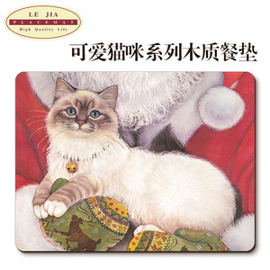 外贸出口欧美西餐垫 圣诞可爱猫咪木质餐垫桌垫软木隔热垫 装饰画
