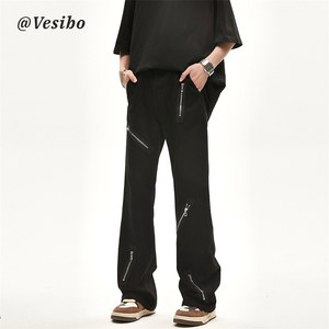 vesibo美式高街暗黑宽松微喇叭黑色牛仔裤多拉链设计感男女裤子潮