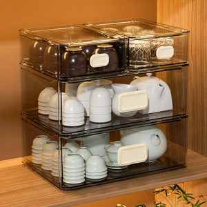 茶具收纳盒透明抽屉式防尘放功夫茶杯装茶叶水杯碗茶壶杯子置物架