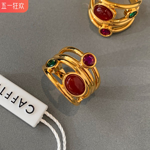 欧美开口红玛瑙宝石锆石戒指女轻奢小众设计感高级复古食指指环潮