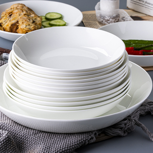 陶瓷白色8寸深盘子10个装骨瓷釉下彩菜盘家用圆盘饭盘汤盘深菜碟