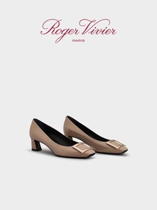 Roger Vivier/RV女鞋Trompette粗跟方扣大象灰婚鞋rv方扣单鞋