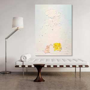 奶油风卡通大象客厅装饰画可爱动物纯手绘油画儿童房壁画玄关挂画