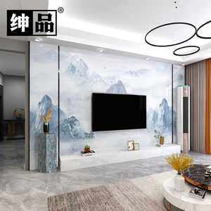 800x2600岩板电视背景墙瓷砖客厅山水画连纹大板新中式轻奢装饰框