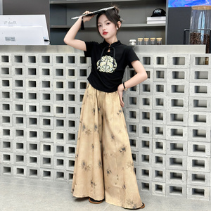 女童新中式套装复古中国风短袖阔腿裙裤两件套洋气时髦女孩夏装潮
