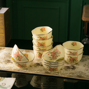欧式陶瓷4.5英寸米饭碗水绘黄金镶边高档餐具套装盘碗散装家用