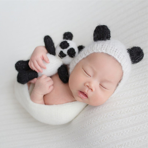 萌点新生儿摄影小熊猫帽子玩偶道具月子宝宝拍照马海毛编织针织帽
