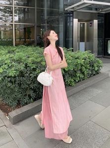 kumikumi新中式套装粉色立领旗袍连衣裙女装夏季高腰半身裙两件套
