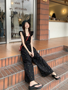 kumikumi设计感彩色爱心刺绣连衣裤女装夏季休闲宽松阔腿裤连体裤
