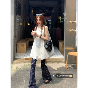 kumikumi甜酷风套装白色蓬蓬背心女装夏季碎花微喇裤休闲裤两件套