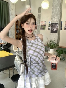 kumikumi设计感蕾丝拼接格纹连衣裙女装夏季假两件褶皱A字裙短裙