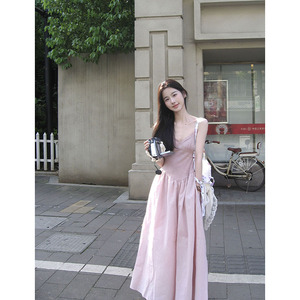 kumikumi温柔风粉色蕾丝吊带连衣裙女夏季收腰气质大摆裙显瘦长裙