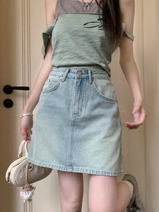 kumikumi复古蓝色牛仔半身裙女夏季设计感高腰做旧A字裙伞裙短裙