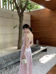 kumikumi纯欲套装女波点露背吊带背心夏季高腰A字裙半身裙两件套