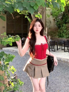 kumikumi甜辣妹套装女红色小飞袖系带上衣夏季格纹百褶短裙两件套