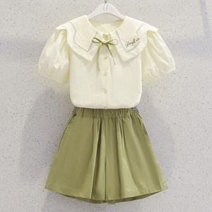 女童夏装短袖套装2024新款洋气娃娃领衬衫夏季学院风儿童短裙裤子