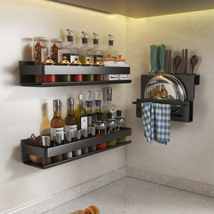 壁挂式厨房置物架不锈钢调味料品罐收纳架子免打孔烹饪用具调料架