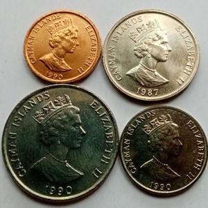 英属开曼群岛 全套4枚硬币 英国女王高冠版 1987--1990年 全新UNC