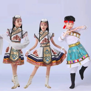 儿童藏族演出服男女童表演服蒙古服扎西德勒水袖新款裙子舞蹈服女