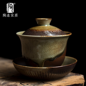 陶迷清水柴烧流釉盖碗窑变开片陶瓷复古三才碗家用创意手工泡茶器