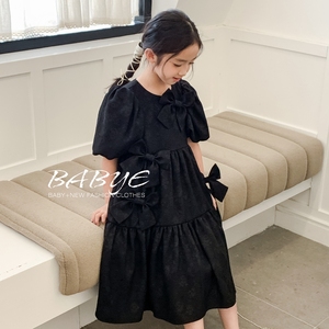 IKISSBABY潮牌女童2024夏款韩版新款洋气黑色泡泡袖连衣裙公主裙