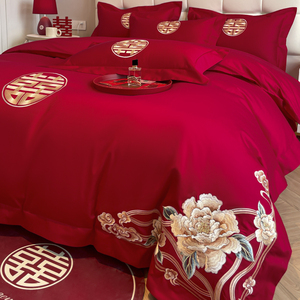 纯棉全棉结婚庆床上四件套高级感新婚床品红色婚嫁喜被套床单床笠
