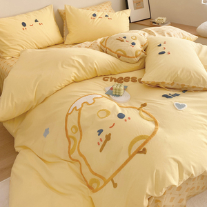水洗棉纯棉床上四件套全棉儿童床品学生宿舍床单三件套可爱黄被套