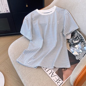 四季青广州十三行女装高端韩国欧货上衣设计感蓝白条纹短袖T恤夏