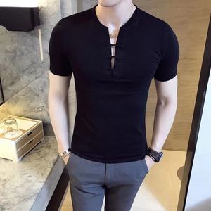 韩版夏季新款男士V领修身短袖精神社会小伙显瘦潮流帅气纯色t恤衫