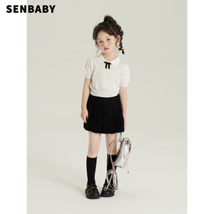 senbaby儿童夏装短袖中大童洋气套装女童冰丝针织上衣+黑色百褶裙