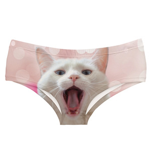 Zohra欧美外贸热卖动物图案涤纶女士内裤3d数码白猫印花三角短裤