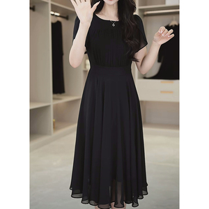紫薇女装黑色短袖连衣裙子女士2024夏季新款中长遮肚收腰显瘦减龄