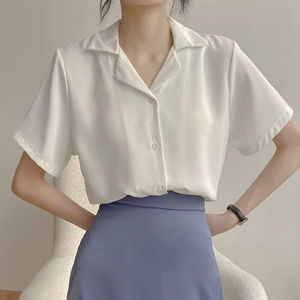 2024春夏季学院风复古韩版职业西装领翻学生短袖衬衫女纯色上衣女