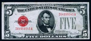 美国 1928年F版 5元 (政府券 林肯头像) 8成左右品相！印章痕迹