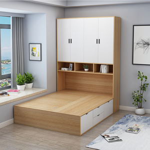 现代简约榻榻米床衣柜一体小户型多功能省空间镂空床柜一体定制