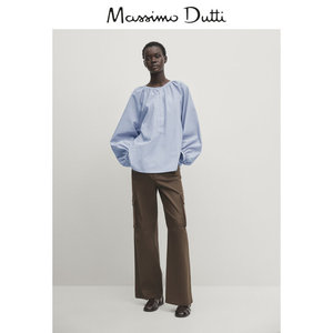 新品特惠 Massimo Dutti2024女装法式气质通勤风少女感蓝色泡泡袖圆领衬衫 05100703400