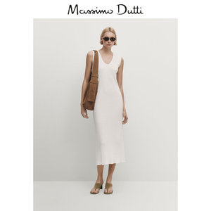 春夏新品MassimoDutti2024女装法式清冷感米白罗纹V领针织背心裙无袖连衣裙06613758251