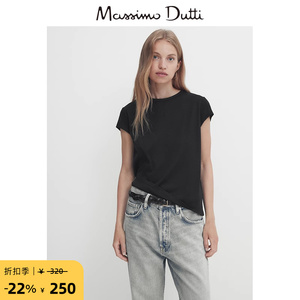 折扣季Massimo Dutti女装 2024夏季新款 简约款亲肤纯棉黑色短袖T恤06201543800
