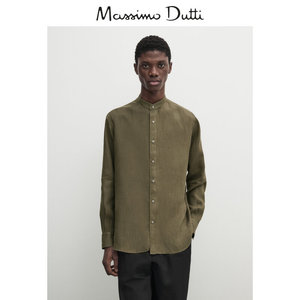 春夏新品MassimoDutti男装2024新款休闲通勤风深绿色标准版纯亚麻立领衬衫00193482500