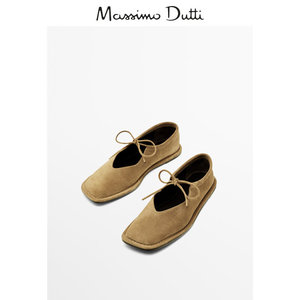 Massimo Dutti女鞋 2024春夏新品 复古棕色真皮绒面绑带芭蕾鞋 11582350713